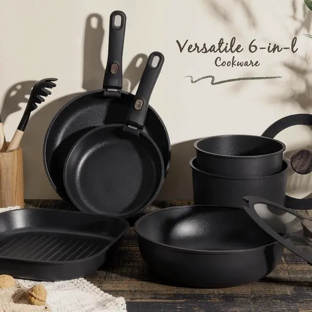 Alt view image 2 of 7 - Astercook 22 Piece Pots and Pans Set Non Stick, Cookware Set with Detachable Handles, Induction Compatible & Oven Safe, Stackable Space-Saving Kitchen Cooking Set for RV, Camping & Home, Black