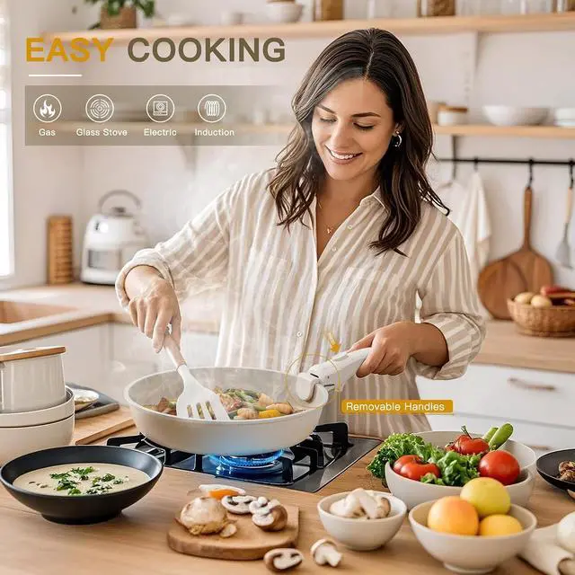 Alt view image 2 of 7 - Ceramic Cookware Set with Detachable Handles, 22-Piece Non-Stick Pots and Pans, Stackable Kitchen Set, Cream White