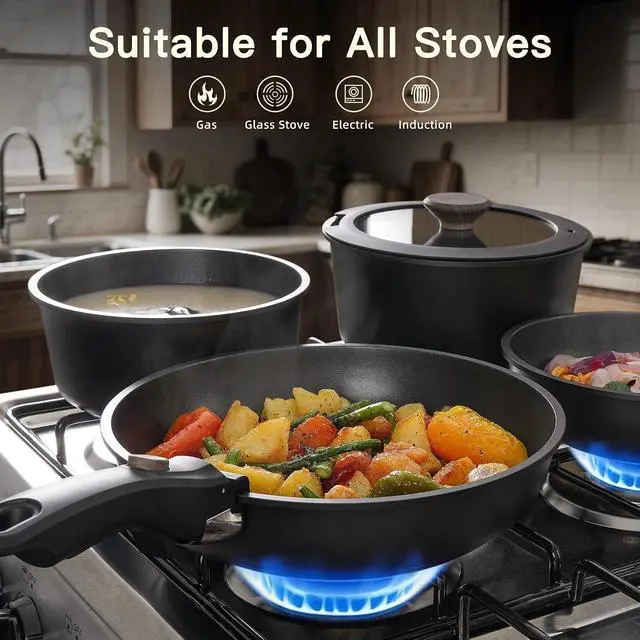 Alt view image 5 of 7 - Astercook 22 Piece Pots and Pans Set Non Stick, Cookware Set with Detachable Handles, Induction Compatible & Oven Safe, Stackable Space-Saving Kitchen Cooking Set for RV, Camping & Home, Black