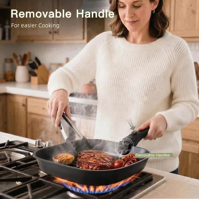 Alt view image 4 of 7 - Astercook 22 Piece Pots and Pans Set Non Stick, Cookware Set with Detachable Handles, Induction Compatible & Oven Safe, Stackable Space-Saving Kitchen Cooking Set for RV, Camping & Home, Black