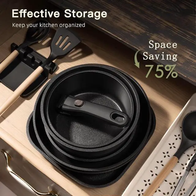 Alt view image 7 of 7 - Astercook 22 Piece Pots and Pans Set Non Stick, Cookware Set with Detachable Handles, Induction Compatible & Oven Safe, Stackable Space-Saving Kitchen Cooking Set for RV, Camping & Home, Black