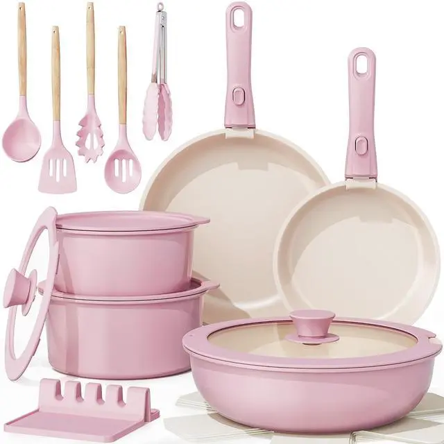 Main image of Astercook 20 Pcs Ceramic Pots and Pans Set, Nonstick Cookware Set with Detachable Handles, Oven Safe to 480°F, Induction Compatible, Stackable RV Kitchen Cooking Set, Pink