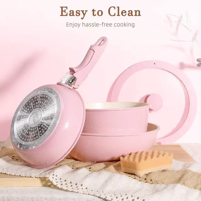Alt view image 7 of 7 - Astercook 20 Pcs Ceramic Pots and Pans Set, Nonstick Cookware Set with Detachable Handles, Oven Safe to 480°F, Induction Compatible, Stackable RV Kitchen Cooking Set, Pink