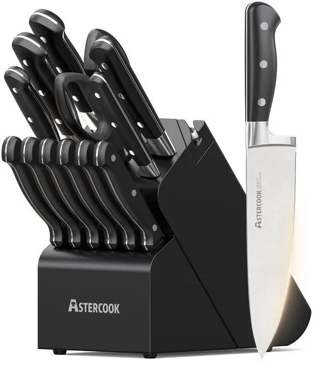 Main image of Astercook 14-Piece Knife Set with Block and Built-in Sharpener, Professional Full-Tang Kitchen Knife Set, Sleek Black Design for Modern Kitchens and Housewarming Gifts