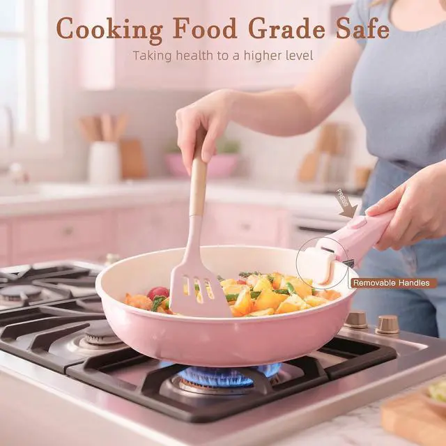Alt view image 4 of 7 - Astercook 20 Pcs Ceramic Pots and Pans Set, Nonstick Cookware Set with Detachable Handles, Oven Safe to 480°F, Induction Compatible, Stackable RV Kitchen Cooking Set, Pink