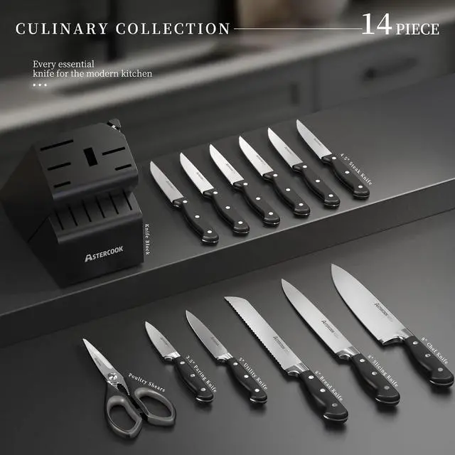 Alt view image 2 of 7 - Astercook 14-Piece Knife Set with Block and Built-in Sharpener, Professional Full-Tang Kitchen Knife Set, Sleek Black Design for Modern Kitchens and Housewarming Gifts