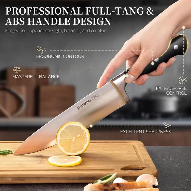 Alt view image 6 of 7 - Astercook 14-Piece Knife Set with Block and Built-in Sharpener, Professional Full-Tang Kitchen Knife Set, Sleek Black Design for Modern Kitchens and Housewarming Gifts