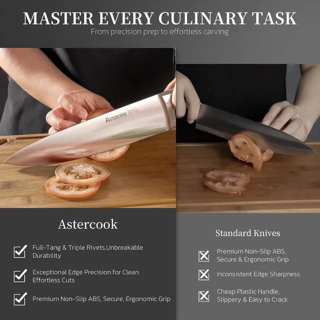 Alt view image 7 of 7 - Astercook 14-Piece Knife Set with Block and Built-in Sharpener, Professional Full-Tang Kitchen Knife Set, Sleek Black Design for Modern Kitchens and Housewarming Gifts