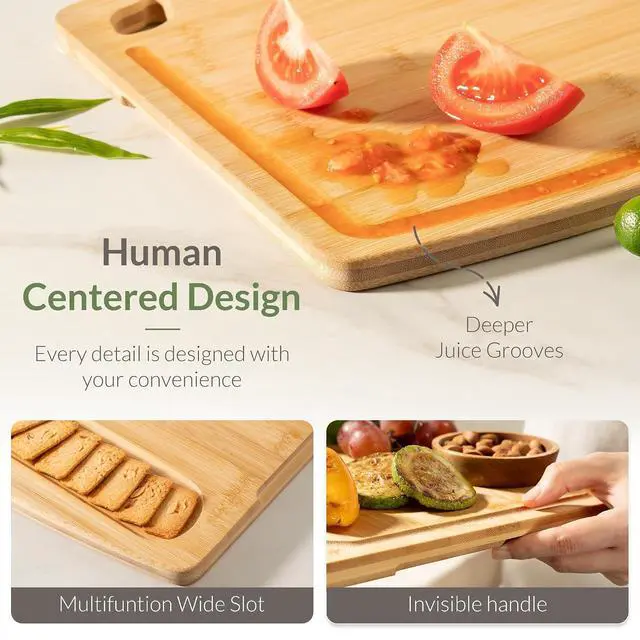 Alt view image 2 of 7 - Astercook 4-Piece Bamboo Cutting Board Set with Holder, Natural Wood Cutting Boards with Juice Grooves and Easy-Grip Handles, Kitchen Chopping Boards for Prep and Serving