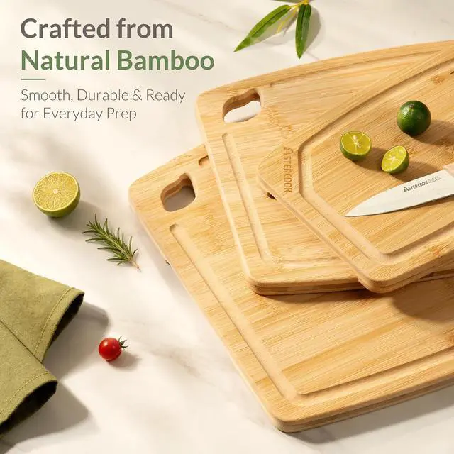 Alt view image 4 of 7 - Astercook 4-Piece Bamboo Cutting Board Set with Holder, Natural Wood Cutting Boards with Juice Grooves and Easy-Grip Handles, Kitchen Chopping Boards for Prep and Serving