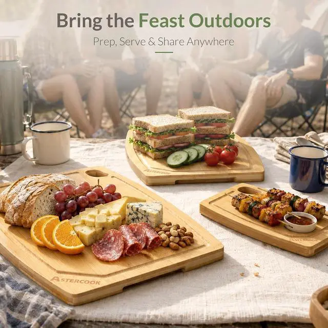 Alt view image 6 of 7 - Astercook 4-Piece Bamboo Cutting Board Set with Holder, Natural Wood Cutting Boards with Juice Grooves and Easy-Grip Handles, Kitchen Chopping Boards for Prep and Serving