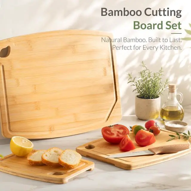 Alt view image 7 of 7 - Astercook 4-Piece Bamboo Cutting Board Set with Holder, Natural Wood Cutting Boards with Juice Grooves and Easy-Grip Handles, Kitchen Chopping Boards for Prep and Serving