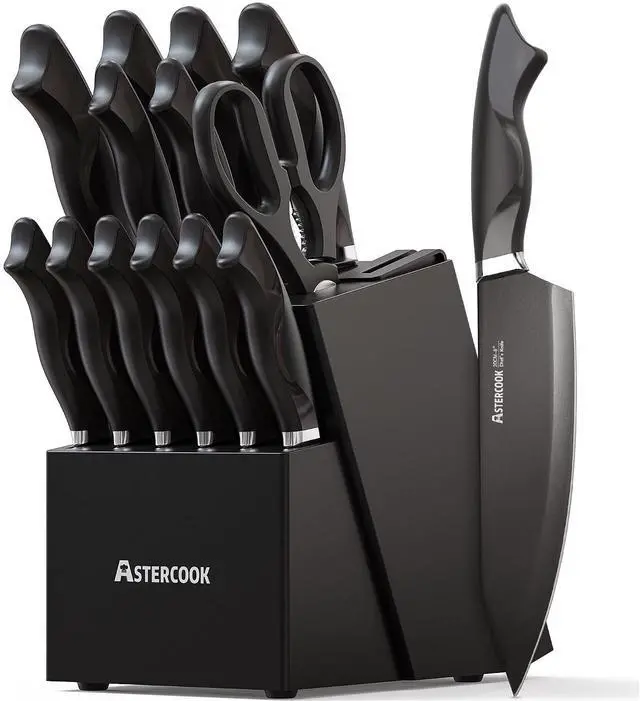 Main image of Astercook Knife Set, 15-Piece Kitchen Knives Set with Built-in Sharpener, German Stainless Steel Knife Block Sets with Anti-Rust Coating & PP Ergonomic Handle, Dishwasher Safe Black
