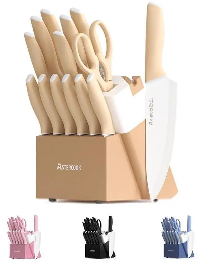 Main image of Astercook Knife Set, 14 Pieces Kitchen Knives Set with Healthy Anti-Rust Coating, Stainless Steel Knife Sets with Built-in Sharpener, Sharp & Rust Resistant Dishwasher Safe Morandi Yellow