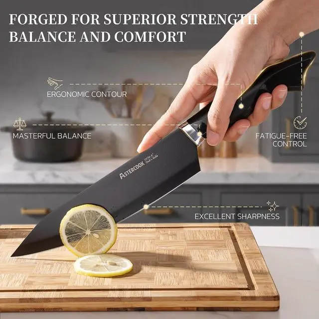 Alt view image 2 of 7 - Astercook Knife Set, 15-Piece Kitchen Knives Set with Built-in Sharpener, German Stainless Steel Knife Block Sets with Anti-Rust Coating & PP Ergonomic Handle, Dishwasher Safe Black