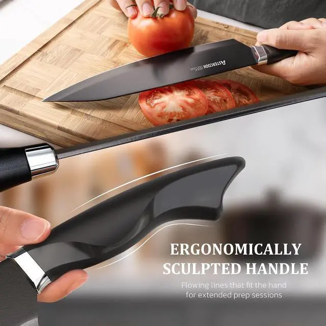 Alt view image 4 of 7 - Astercook Knife Set, 15-Piece Kitchen Knives Set with Built-in Sharpener, German Stainless Steel Knife Block Sets with Anti-Rust Coating & PP Ergonomic Handle, Dishwasher Safe Black