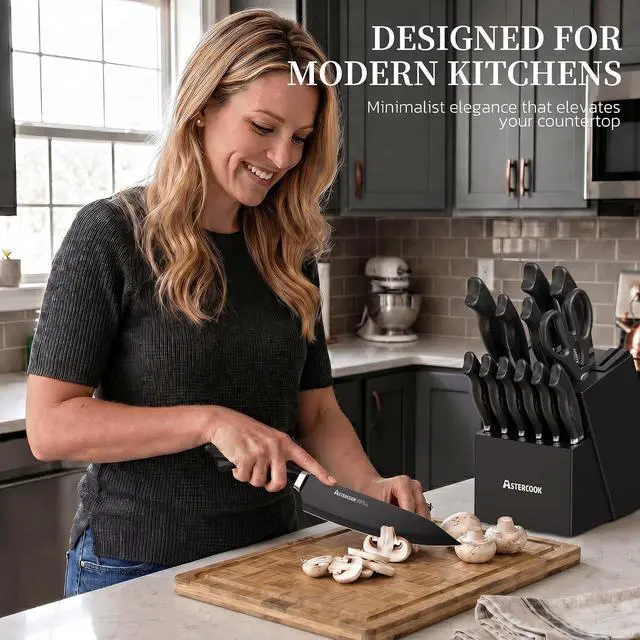 Alt view image 3 of 7 - Astercook Knife Set, 15-Piece Kitchen Knives Set with Built-in Sharpener, German Stainless Steel Knife Block Sets with Anti-Rust Coating & PP Ergonomic Handle, Dishwasher Safe Black