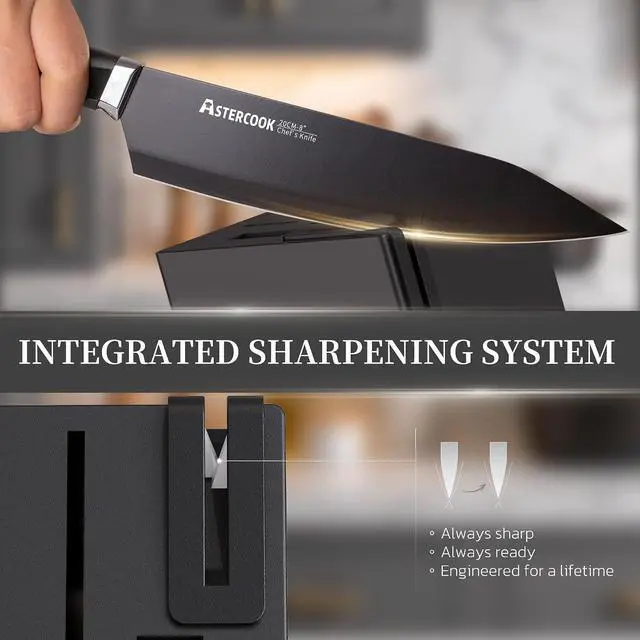 Alt view image 6 of 7 - Astercook Knife Set, 15-Piece Kitchen Knives Set with Built-in Sharpener, German Stainless Steel Knife Block Sets with Anti-Rust Coating & PP Ergonomic Handle, Dishwasher Safe Black