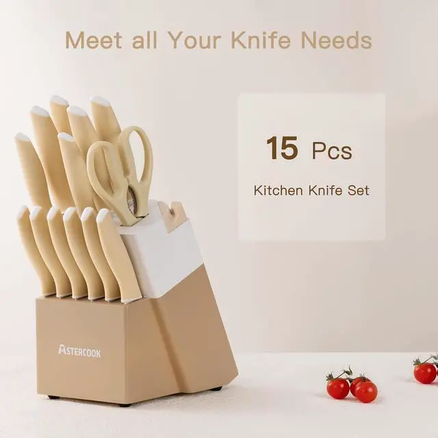 Alt view image 2 of 7 - Astercook Knife Set, 14 Pieces Kitchen Knives Set with Healthy Anti-Rust Coating, Stainless Steel Knife Sets with Built-in Sharpener, Sharp & Rust Resistant Dishwasher Safe Morandi Yellow