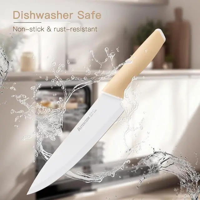 Alt view image 5 of 7 - Astercook Knife Set, 14 Pieces Kitchen Knives Set with Healthy Anti-Rust Coating, Stainless Steel Knife Sets with Built-in Sharpener, Sharp & Rust Resistant Dishwasher Safe Morandi Yellow