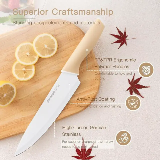 Alt view image 4 of 7 - Astercook Knife Set, 14 Pieces Kitchen Knives Set with Healthy Anti-Rust Coating, Stainless Steel Knife Sets with Built-in Sharpener, Sharp & Rust Resistant Dishwasher Safe Morandi Yellow