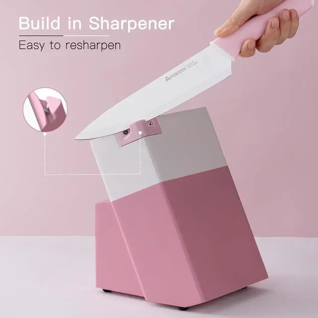 Alt view image 2 of 7 - Astercook Knife Set, 14 Pieces Kitchen Knives Set with Healthy Anti-Rust Coating, Stainless Steel Knife Sets with Built-in Sharpener, Sharp & Rust Resistant Dishwasher Safe Pink
