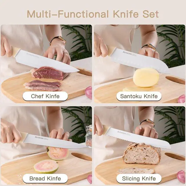Alt view image 7 of 7 - Astercook Knife Set, 14 Pieces Kitchen Knives Set with Healthy Anti-Rust Coating, Stainless Steel Knife Sets with Built-in Sharpener, Sharp & Rust Resistant Dishwasher Safe Morandi Yellow