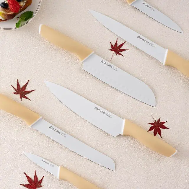 Alt view image 6 of 7 - Astercook Knife Set, 14 Pieces Kitchen Knives Set with Healthy Anti-Rust Coating, Stainless Steel Knife Sets with Built-in Sharpener, Sharp & Rust Resistant Dishwasher Safe Morandi Yellow