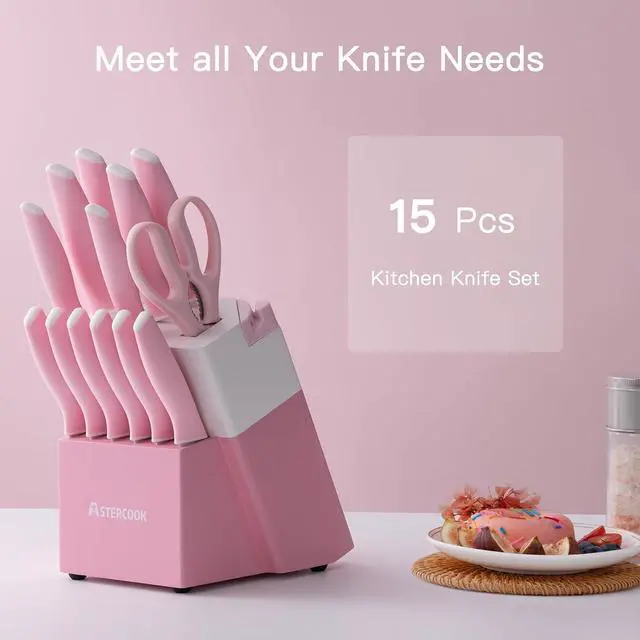 Alt view image 4 of 7 - Astercook Knife Set, 14 Pieces Kitchen Knives Set with Healthy Anti-Rust Coating, Stainless Steel Knife Sets with Built-in Sharpener, Sharp & Rust Resistant Dishwasher Safe Pink