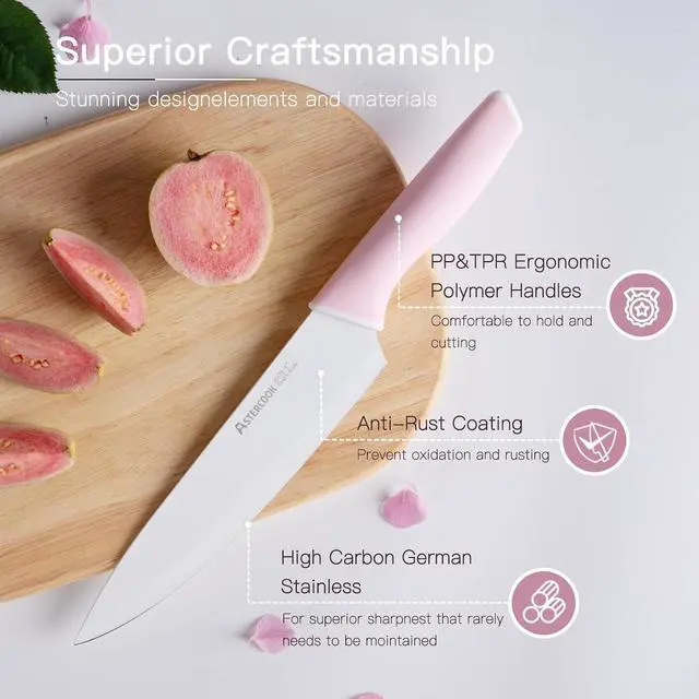 Alt view image 3 of 7 - Astercook Knife Set, 14 Pieces Kitchen Knives Set with Healthy Anti-Rust Coating, Stainless Steel Knife Sets with Built-in Sharpener, Sharp & Rust Resistant Dishwasher Safe Pink