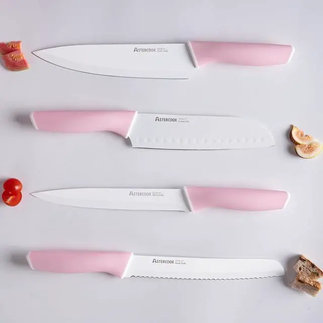 Alt view image 5 of 7 - Astercook Knife Set, 14 Pieces Kitchen Knives Set with Healthy Anti-Rust Coating, Stainless Steel Knife Sets with Built-in Sharpener, Sharp & Rust Resistant Dishwasher Safe Pink