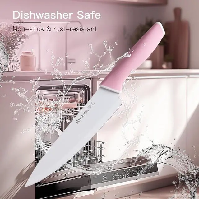 Alt view image 6 of 7 - Astercook Knife Set, 14 Pieces Kitchen Knives Set with Healthy Anti-Rust Coating, Stainless Steel Knife Sets with Built-in Sharpener, Sharp & Rust Resistant Dishwasher Safe Pink