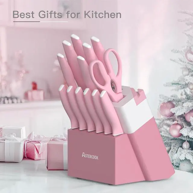 Alt view image 7 of 7 - Astercook Knife Set, 14 Pieces Kitchen Knives Set with Healthy Anti-Rust Coating, Stainless Steel Knife Sets with Built-in Sharpener, Sharp & Rust Resistant Dishwasher Safe Pink