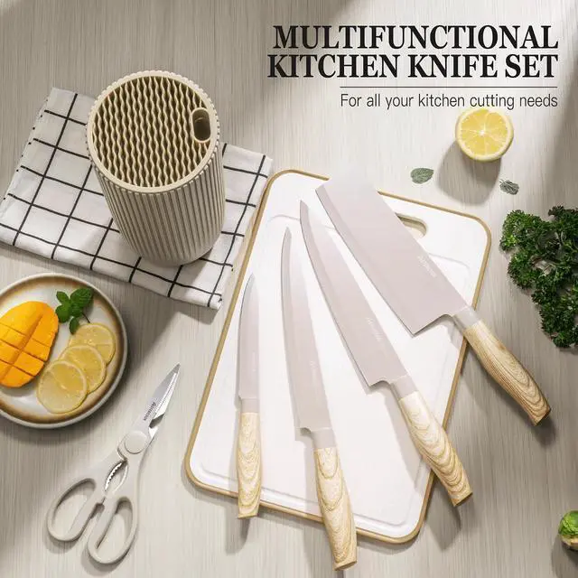 Alt view image 3 of 7 - Astercook 5 Piece Knife Set, Khaki Knives Blcok Sets for Kitchen, Dishwasher Safe Stainless Steel Chef Knife Set with Healthy Anti-Rust Coating, Perfect Holiday Gifts for Kitchen