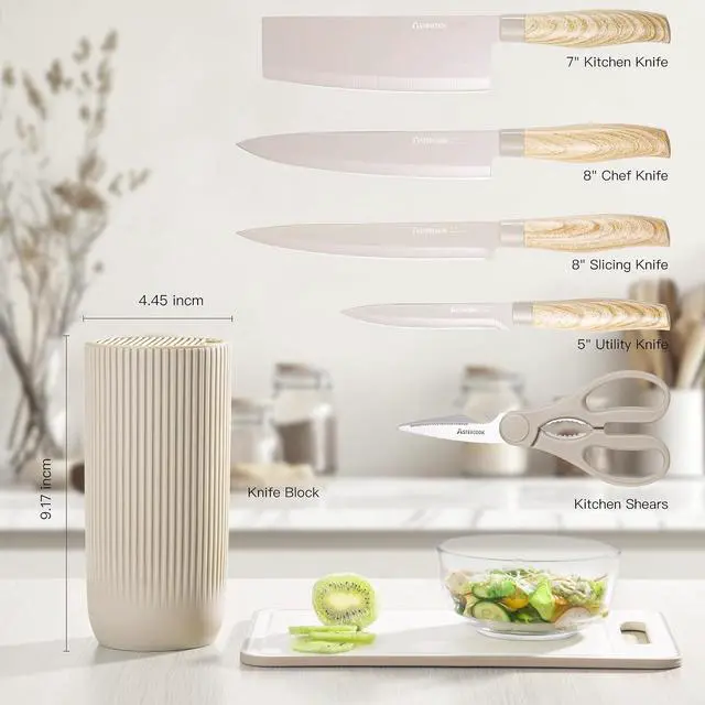 Alt view image 7 of 7 - Astercook 5 Piece Knife Set, Khaki Knives Blcok Sets for Kitchen, Dishwasher Safe Stainless Steel Chef Knife Set with Healthy Anti-Rust Coating, Perfect Holiday Gifts for Kitchen