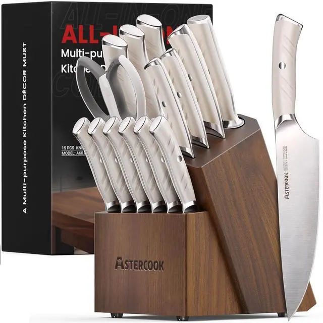 Main image of Astercook Kitchen Knife Sets,15-Piece Full Tang Knife Set with Block,German Stainless Steel Knives Sets for Cutting and Cooking,Dishwasher Safe White