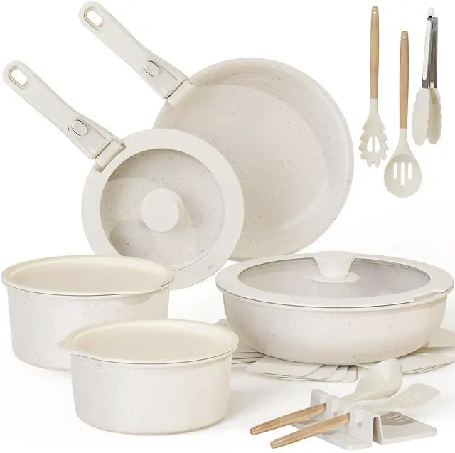 Main image of Astercook 20 Piece Pots and Pans Set Non Stick, Cookware Set with Detachable Handle, Oven Safe, Induction Ready, Stackable RV Kitchen Cooking Set Removable Handles, Cream White