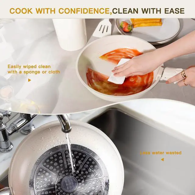 Alt view image 6 of 7 - Ceramic Cookware Set with Detachable Handles, 22-Piece Non-Stick Pots and Pans, Stackable Kitchen Set, Cream White