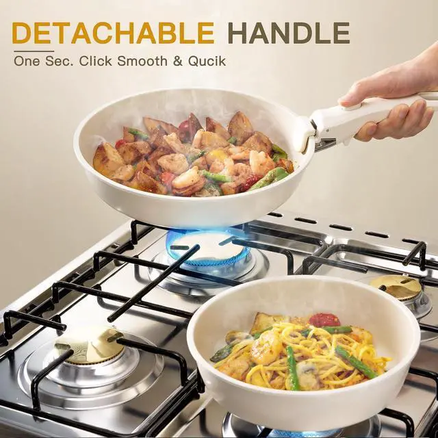 Alt view image 4 of 7 - Ceramic Cookware Set with Detachable Handles, 22-Piece Non-Stick Pots and Pans, Stackable Kitchen Set, Cream White