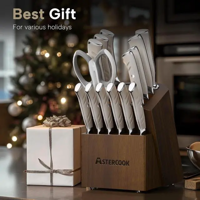 Alt view image 6 of 7 - Astercook Kitchen Knife Sets,15-Piece Full Tang Knife Set with Block,German Stainless Steel Knives Sets for Cutting and Cooking,Dishwasher Safe White