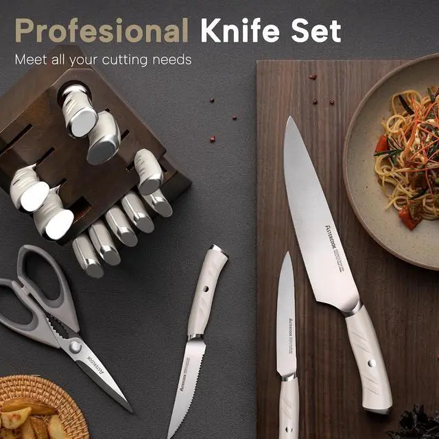 Alt view image 7 of 7 - Astercook Kitchen Knife Sets,15-Piece Full Tang Knife Set with Block,German Stainless Steel Knives Sets for Cutting and Cooking,Dishwasher Safe White