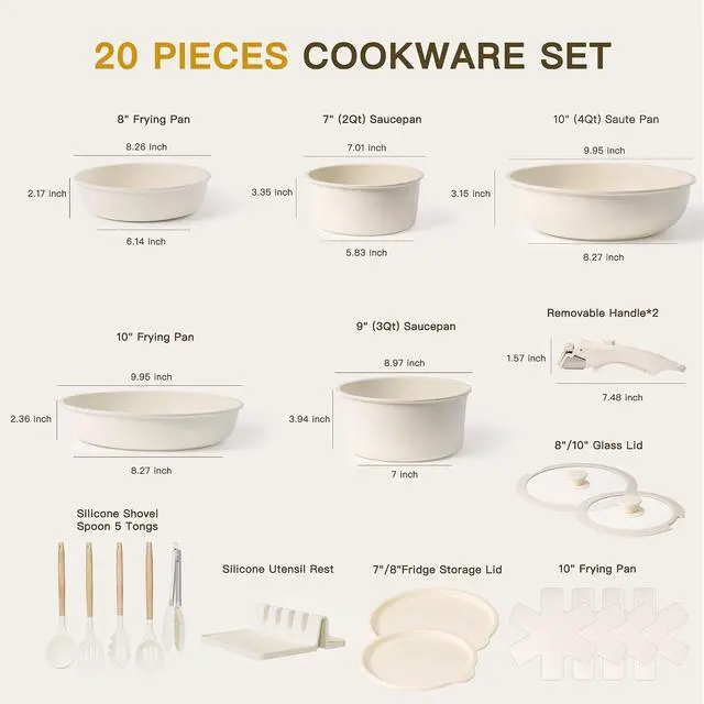 Alt view image 7 of 7 - Astercook 20 Piece Pots and Pans Set Non Stick, Cookware Set with Detachable Handle, Oven Safe, Induction Ready, Stackable RV Kitchen Cooking Set Removable Handles, Cream White