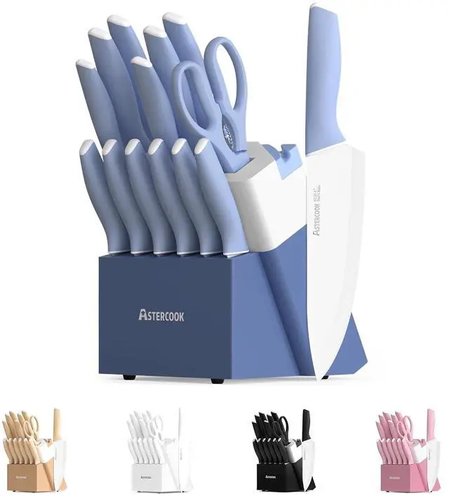 Main image of Astercook Knife Set, 14 Pieces Kitchen Knives Set with Healthy Anti-Rust Coating, Stainless Steel Knife Sets with Built-in Sharpener, Sharp & Rust Resistant Dishwasher Safe Delicate Blue