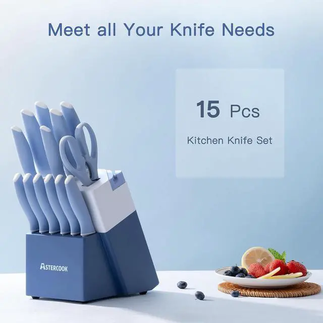 Alt view image 4 of 7 - Astercook Knife Set, 14 Pieces Kitchen Knives Set with Healthy Anti-Rust Coating, Stainless Steel Knife Sets with Built-in Sharpener, Sharp & Rust Resistant Dishwasher Safe Delicate Blue
