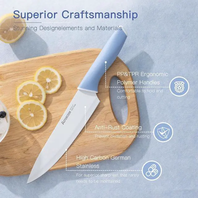 Alt view image 3 of 7 - Astercook Knife Set, 14 Pieces Kitchen Knives Set with Healthy Anti-Rust Coating, Stainless Steel Knife Sets with Built-in Sharpener, Sharp & Rust Resistant Dishwasher Safe Delicate Blue