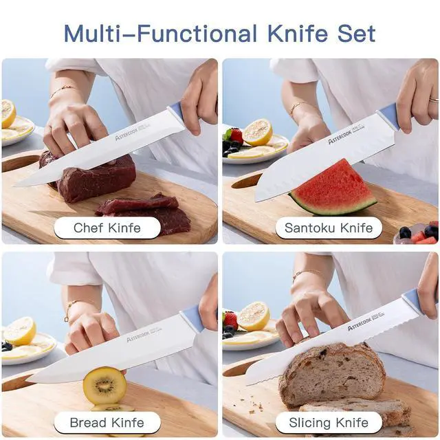 Alt view image 7 of 7 - Astercook Knife Set, 14 Pieces Kitchen Knives Set with Healthy Anti-Rust Coating, Stainless Steel Knife Sets with Built-in Sharpener, Sharp & Rust Resistant Dishwasher Safe Delicate Blue