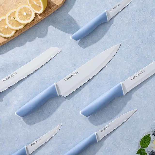 Alt view image 6 of 7 - Astercook Knife Set, 14 Pieces Kitchen Knives Set with Healthy Anti-Rust Coating, Stainless Steel Knife Sets with Built-in Sharpener, Sharp & Rust Resistant Dishwasher Safe Delicate Blue