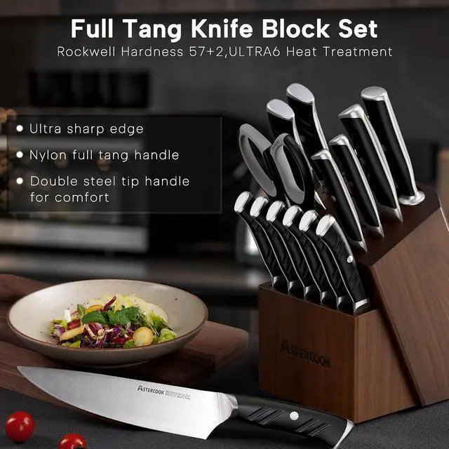 Alt view image 2 of 7 - Astercook 15-Piece Kitchen Knife Sets with Block, German 1.4116 Stainless Steel Knives Sets, Full Tang Knife Set,Ergonomic Handle,Dishwasher Safe Black