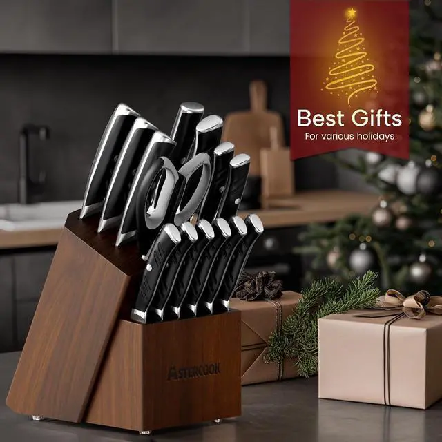 Alt view image 6 of 7 - Astercook 15-Piece Kitchen Knife Sets with Block, German 1.4116 Stainless Steel Knives Sets, Full Tang Knife Set,Ergonomic Handle,Dishwasher Safe Black