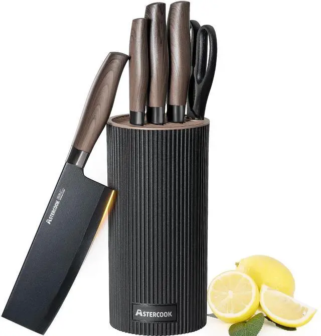 Main image of Astercook Knife Set, 6-Piece Kitchen Knives Set with Block & Non-Stick Healthy Coating, Stainless Steel Chef Knives with Anti-Slip Ergonomic Handle, Dishwasher Safe, Perfect Kitchen Home Gifts, Black